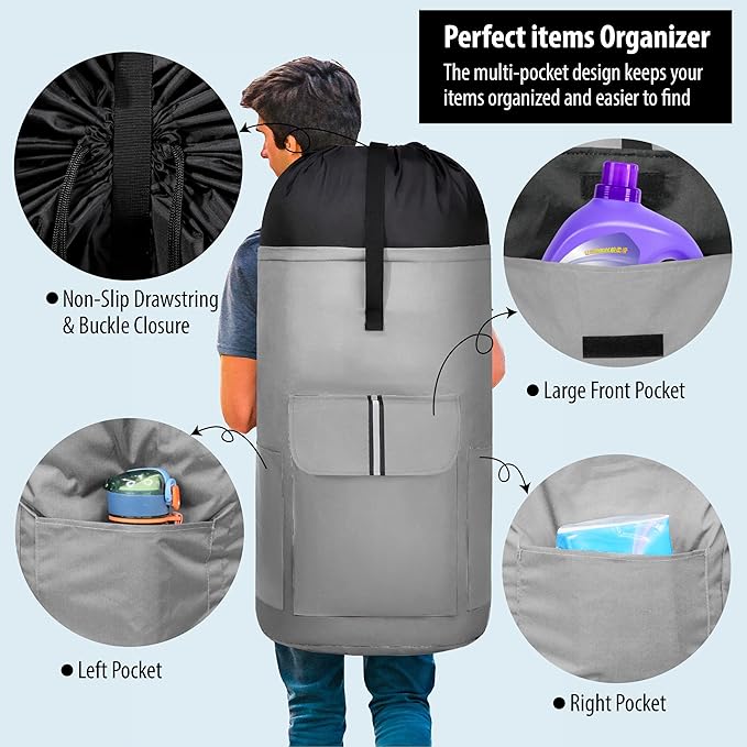 BeeGreen Grey-Laundry-Bag-Backpack-Extra-Large-Heavy-Duty, 125L Portable Travel - Image 6