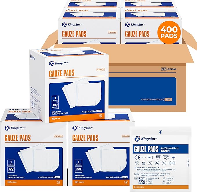 400 Packs Sterile Gauze Pads 4x4 Inch 12-Ply, 100% Cotton Large Gauze Sponges by Kingstar