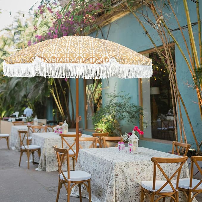 AMMSUN 7ft Patio Umbrella with Fringe Outdoor Tassel Umbrella UPF50+ Premium Steel Pole and Ribs Push Button Tilt, Retro Bohemian - Image 3