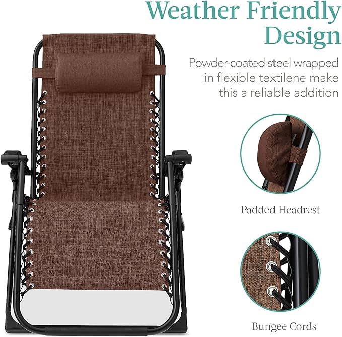 Best Choice Products Oversized Zero Gravity Chair, Folding Outdoor Patio Recliner, XL Anti Gravity Lounger w/Removable Cushion, Cup Holder, Side Tray, 350lb Capacity - Woodland Brown - Image 5