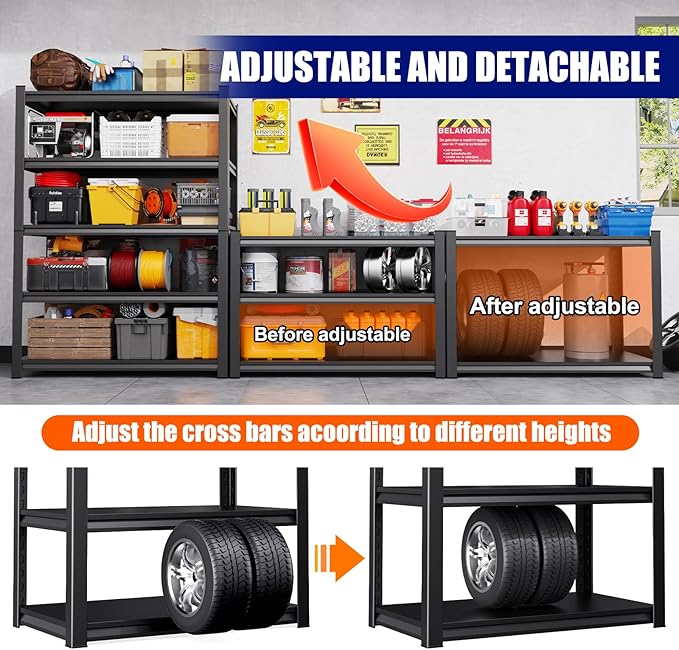 71" H-46 W Garage Shelving Heavy Duty Storage Shelves, Metal Adjustable Shelving Unit, Utility Garage Organizer Shelf for Basement, Pantry, Kitchen, Warehouse, 20" D x 46" W x 71.2" H, Black - Image 6