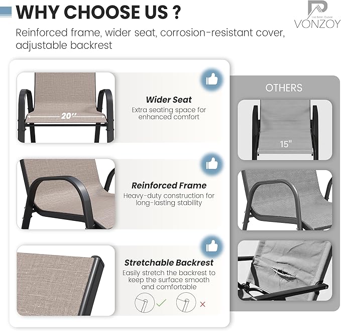 Patio Dining Chairs Set of 4, Stackable Dining Chairs High Back, Breathable Seat Fabric and Alloy Steel Frame for Backyard, Porch, Garden, Sunroom (Light Brown) - Image 5