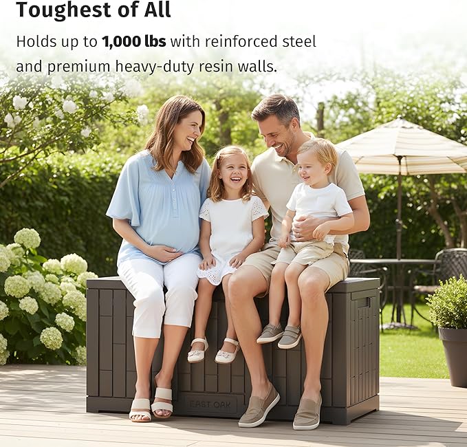 EAST OAK 120 Gallon Outdoor Storage Box | Large Resin Deck Box with Reinforced Stainless Steel Support | Waterproof & UV-Resistant Patio Storage Box for Cushions, Garden Tools & Pool Accessories, Grey - Image 3