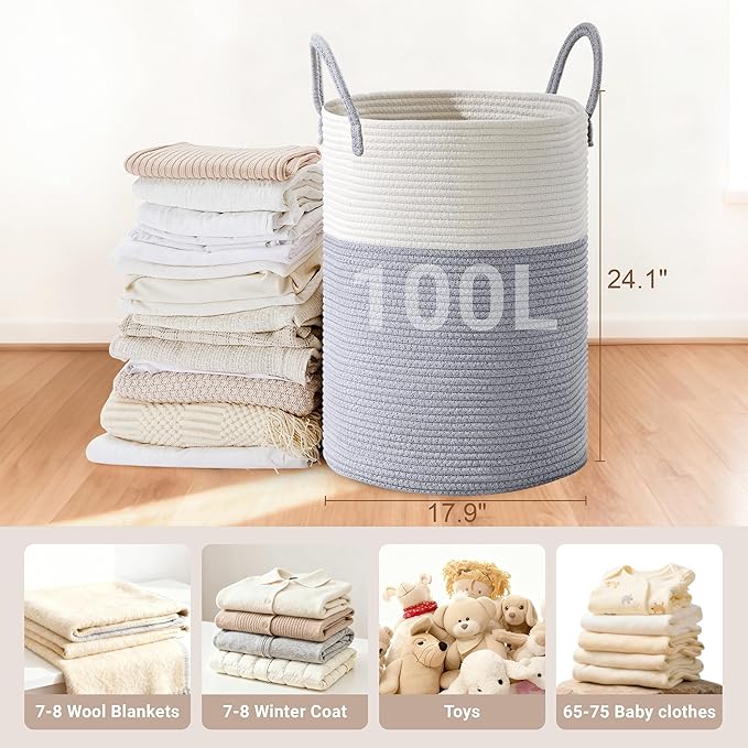 Tall Laundry Basket with Handles, 100L Portable Dirty Clothes Hamper, Boho - Image 2