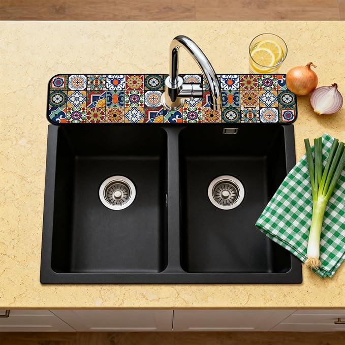 2 Pcs Kitchen Sink Splash Guard Faucet Mats Colored Bohemian Tiles Pattern - Image 3