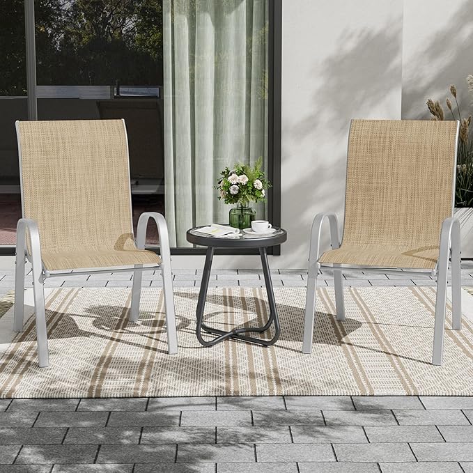 UDPATIO Patio Chairs Set of 2, Stackable Silver Outdoor Dining Chairs with High Back, Breathable Textilene Fabric Outdoor Chair All Weather, 350LBS Capacity for Garden, Backyard (Beige) - Image 2