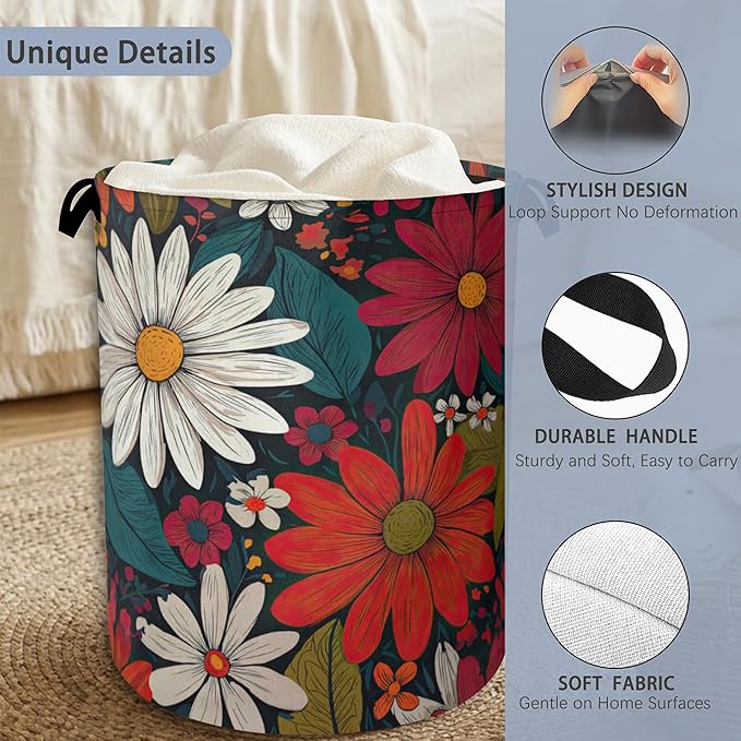Retro Red Daisy Flowers Laundry Hamper, Dirty Clothes Laundry Basket - Image 3