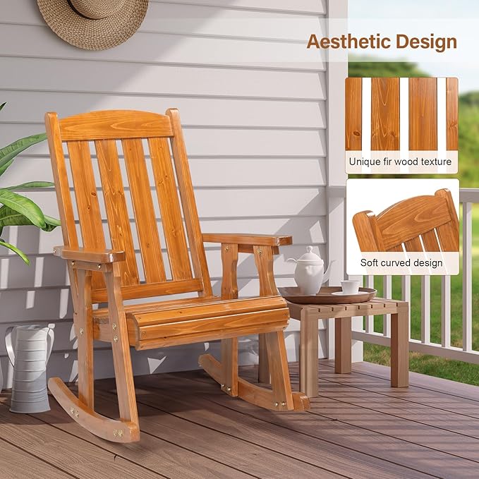 VINGLI Outdoor Rocking Chair Set of 2, Heavy Duty 600 LBS Wooden Rocking Chair with Comfortable Backrest, Weatherproof Rocker with Ergonomic Design, Suit for Patio, Garden, Yard, Teak - Image 5