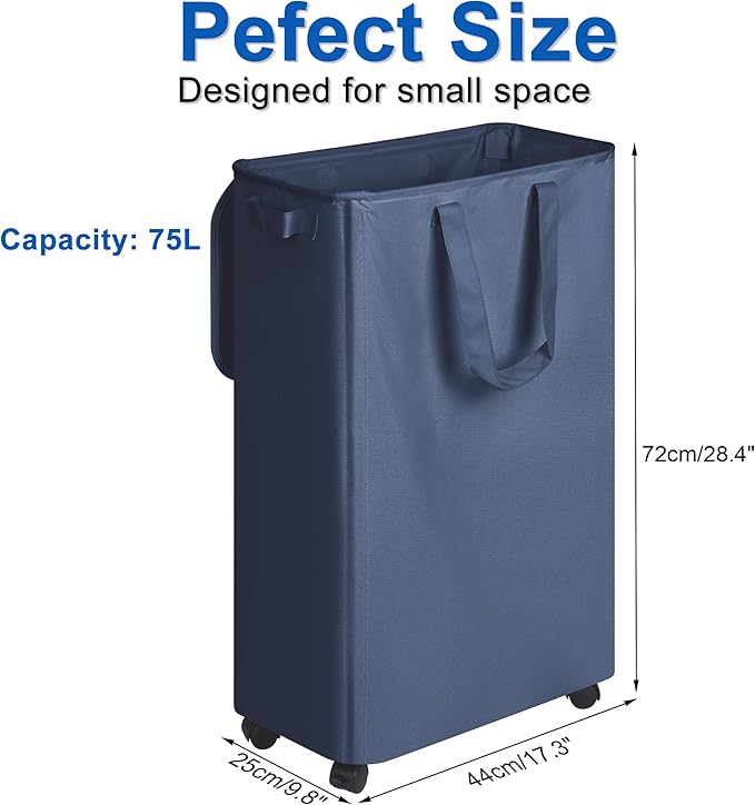 Slim Laundry Hamper with Lid and Wheels, Small Rolling Laundry Basket with - Image 2