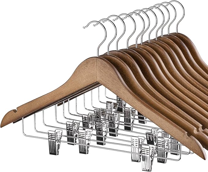HOUSE DAY Wooden Hangers with Clips 12 Pack, Heavy Duty Walnut Wood Pants Hanger by HOUSEDAY