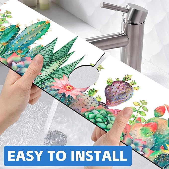 Watercolor Cactus Floral Sink Faucet Absorbing Mat Sink Splash Guard Faucet Mat - Image 6