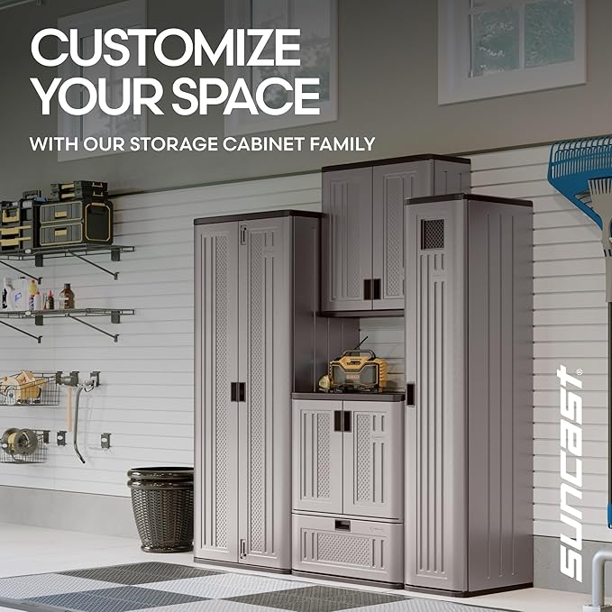 Suncast Tall Storage Cabinet, Platinum Resin Garage Storage Cabinet with Doors & Shelves, Plastic, Lockable, Freestanding Utility Closet for Tools & Supplies, Made in USA - Image 6