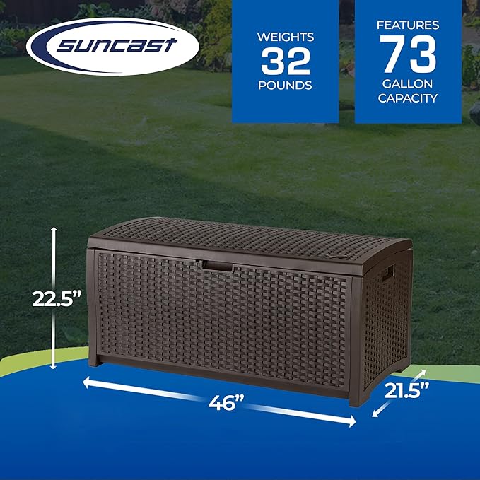 Suncast Outdoor Storage Box - 73 Gallon Mocha Brown Deck Box for Patio, Waterproof Outdoor Storage Bench, Resin Wicker Style, Heavy-Duty, Lockable Lid for Cushions, Shoes, Pool & Garden Gear - Image 3