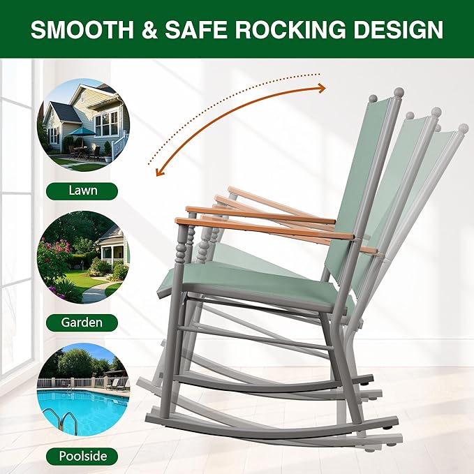 Shintenchi 2 Pcs Outdoor Rocking Chairs Set,Upgraded High Back Patio Rocking Chairs Set,Breathable Textilene Fabric Rocking Chair for Porch,Patio,Garden,Balcony(Green) - Image 5