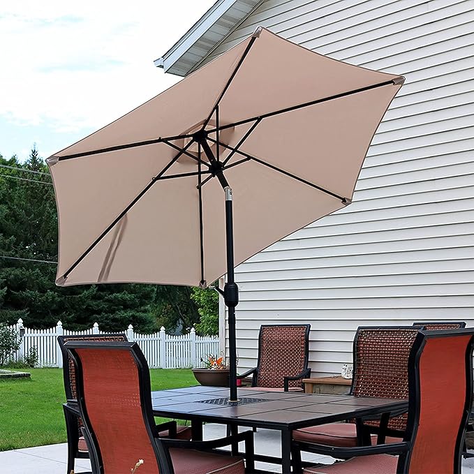 Sunnydaze Outdoor Patio Umbrella - Polyester Table Market Umbrella with Push-Button Tilt and Crank - 6 Sturdy Ribs - Beige - 7.5ft - Image 7