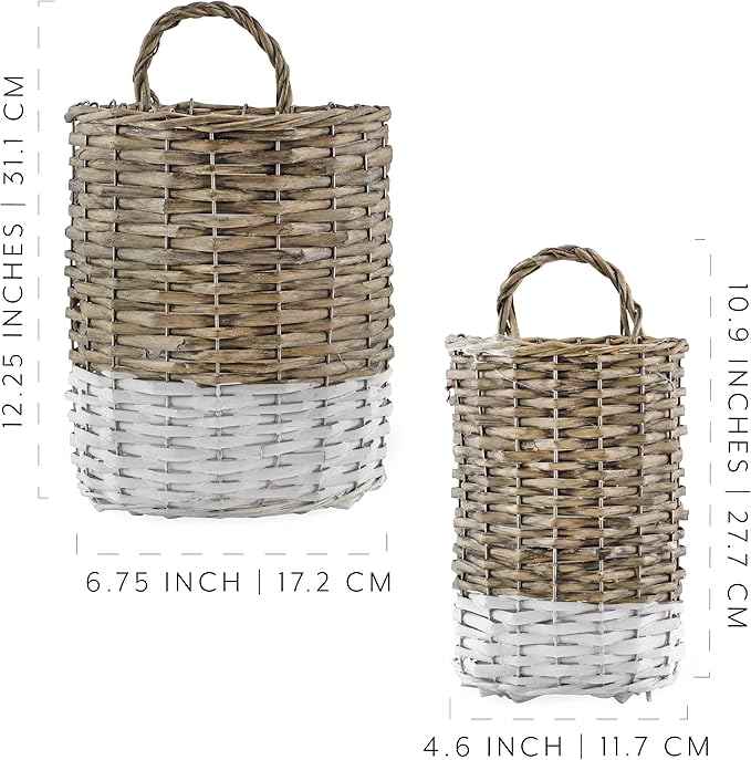 AuldHome Design Wall Hanging Baskets; Woven WIcker Rustic Farmhouse Two-Tone - Image 6