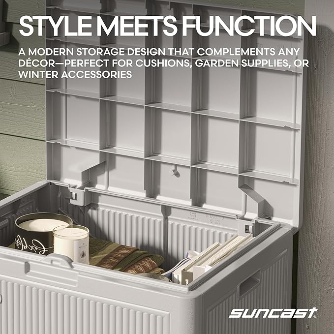 Suncast 22-Gal. Resin Small Outdoor Patio Deck Box with Reeded Design, Modern Outdoor Patio Bench/Storage Box for Cushions, Garden Tools, and More, French Gray - Image 7