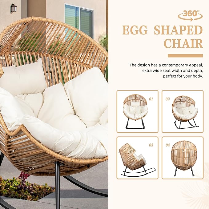Vongrasig Wicker Rocking Egg Chair PE Rattan with Cushion, Oversized Patio Lounge Rocker Chair for Outdoor, Indoor, Livingroom, Backyard, Garden (Beige) - Image 6