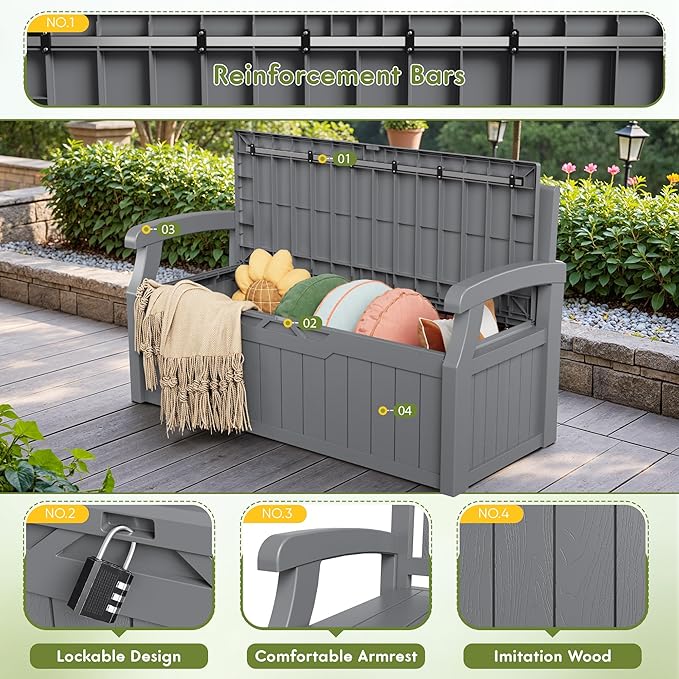 Greesum 80 Gallon Storage Bench Outdoor Deck Box with Armrest, Patio Furniture,Lockable, Waterproof and UV Resistant, Suitable for Garden, Pool, Grey - Image 4