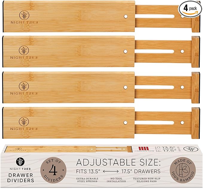Night Tree Expandable Bamboo Drawer Dividers – Spring-Loaded Wooden Organizers by NightTree