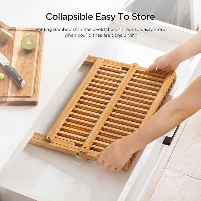 Bamboo Dish Drying Rack with Utensil Holder, 2 Tier Collapsible Dish Rack - Image 4