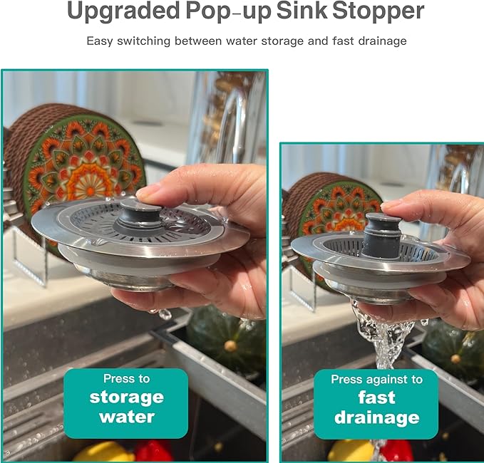 Kitchen Sink Drain Strainer 3 in 1, 304 Stainless Steel Pop Up Sink Stopper - Image 3