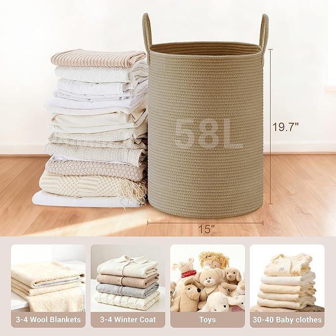 Tall Laundry Basket with Handles, 58L Portable Dirty Clothes Hamper, Boho - Image 2