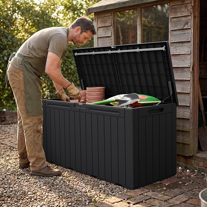 Greesum 110 Gallon Outdoor Storage Box with Lockable Lid, All-Weather Solution for Patio Furniture, Pool Supplies & Garden Tools, Waterproof, UV-Resistant Large Deck Box, Black - Image 6