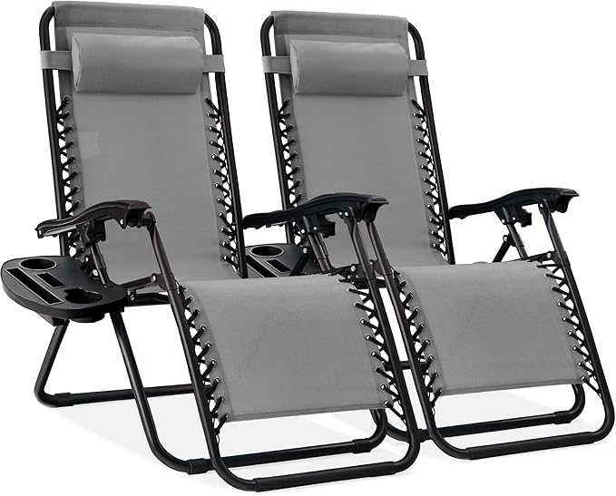 Best Choice Products Set of 2 Adjustable Steel Mesh Zero Gravity Lounge Chair Recliners w/Pillows and Cup Holder Trays - Ice Gray by BestChoiceProducts
