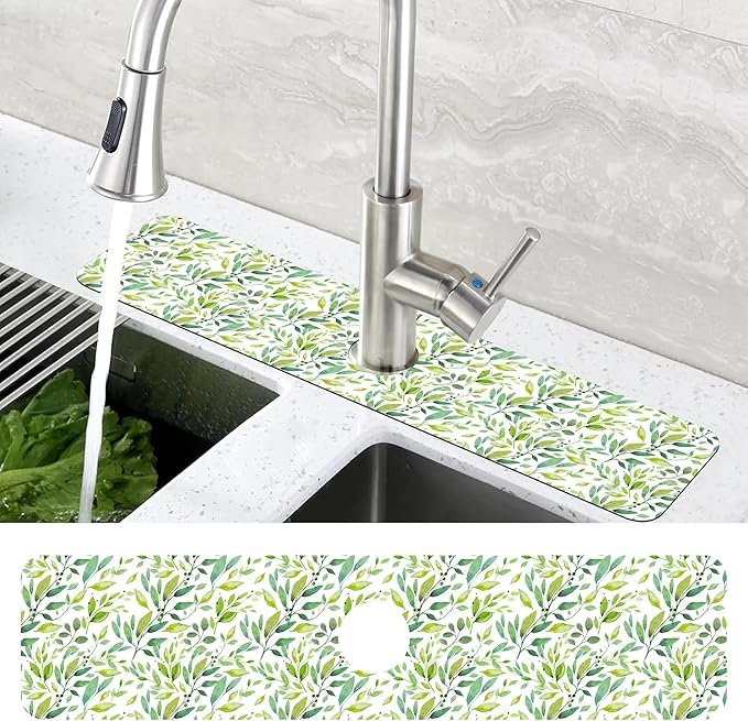 Tropical Eucalyptus Leaves Kitchen Sink Splash Guard Mat Absorbent Fast Drying - Image 4