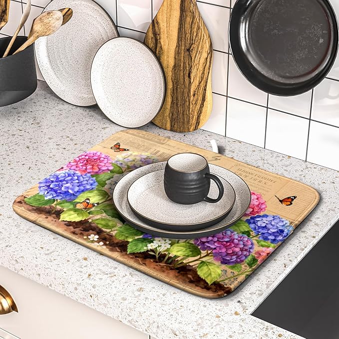 Vintage Hydrangea Dish Drying Mat Watercolor Floral Microfiber Absorbent Dish - Image 5