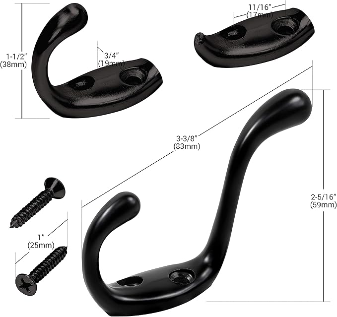 Rok Hardware Heavy Duty Dual Coat Hook, 10 Pack ROKCH101BLK - Image 2