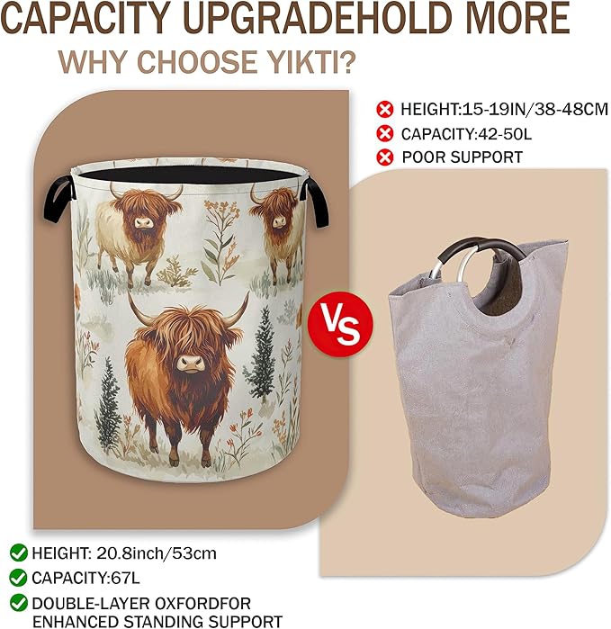 Laundry Hamper, Highland Cow Laundry Basket, Farmhouse Watercolor Flower - Image 3