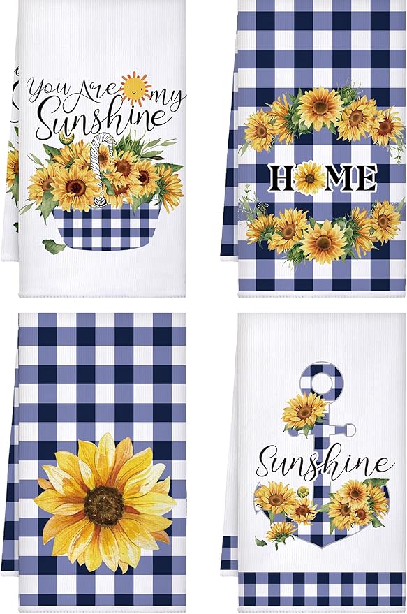Bencailor 4 Pcs Sunflower Kitchen Towels Blue and White Floral Hand Dish Towels by Bencailor