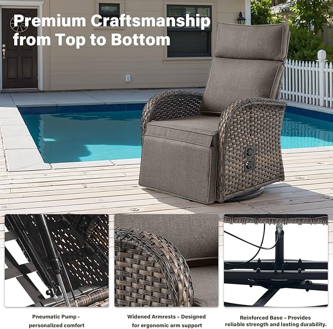 Swivel Outdoor Recliner Chair Set of 2 - Reclining Patio Chair with Adjustable Backrest and Footrest, All-Weather Wicker Chaise Lounge Chair Outdoor for Pool Deck (Upgraded 2.0) - Image 5