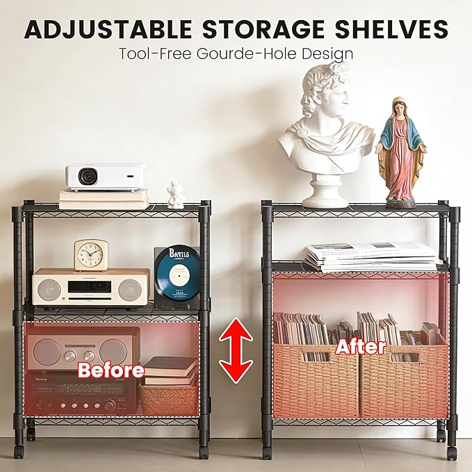 Xcity Storage Shelves, 3 Tier Heavy Duty Metal Shelving Unit with Wheels, 1050 LBS Capacity Adjustable Steel Wire Shelf Organizer for Pantry, Kitchen, Garage, 14" D x 24" W x 30" H, Black - Image 4