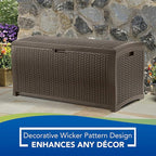 Suncast Outdoor Storage Box - 73 Gallon Mocha Brown Deck Box for Patio, Waterproof Outdoor Storage Bench, Resin Wicker Style, Heavy-Duty, Lockable Lid for Cushions, Shoes, Pool & Garden Gear - Image 10