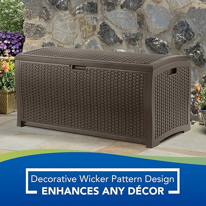 Suncast Outdoor Storage Box - 73 Gallon Mocha Brown Deck Box for Patio, Waterproof Outdoor Storage Bench, Resin Wicker Style, Heavy-Duty, Lockable Lid for Cushions, Shoes, Pool & Garden Gear - Image 10