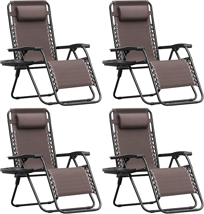 Homall Zero Gravity Chair Patio Folding Lawn Outdoor Lounge Gravity Camp Reclining Lounge Chair with Cup Holder Pillows for Poolside Backyard and Beach Set of 4 (Brown) by Homall