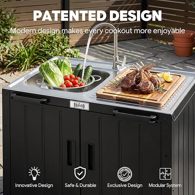 Outdoor Kitchen Island with Stainless Steel Sink and Storage Cabinet, 35-Inch BBQ Prep Station with Faucet & Lockable Wheels for Patio, Backyard, and Outdoor Cooking, Black & Silver - Image 4