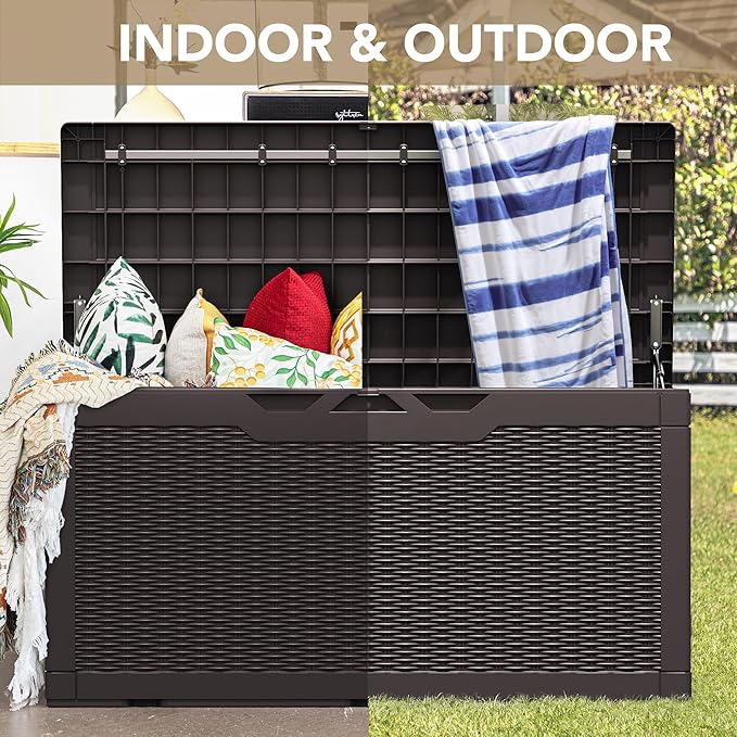 Devoko 100 Gallon Waterproof Large Resin Deck Box Indoor Outdoor Lockable Storage Container for Patio Furniture Cushions Garden Tools (100 Gallon, Dark Brown) - Image 8
