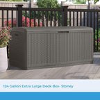 Suncast Extra Large Deck Box - 124 Gallon Resin Outdoor Storage Box with Lockable Lid for Outdoor Cushion Storage, Toys, & Garden Gear, Stoney Grey Wicker Bin for Patio, Porch, Pool, & Yard - Image 2