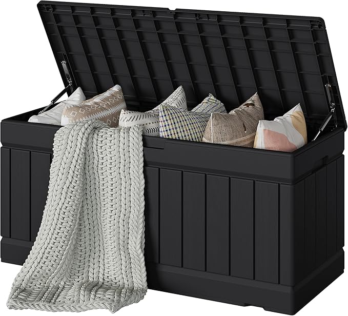 Devoko 78 Gallon Deck Box, Waterproof Resin Outdoor Storage Box for Outside and Patio, Outdoor Storage Bench Lockable for Patio Furniture, Garden Tools and Pool Supplies (Black, 78 Gallon) by DEVOKO