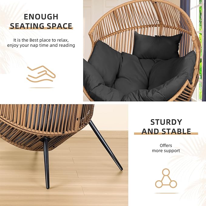 Vongrasig Wicker Egg Chair PE Rattan Chair with Cushion, Oversized Patio Lounge Chair for Outdoor, Indoor, Balcony, Backyard, Garden, Living Room, Black - Image 5