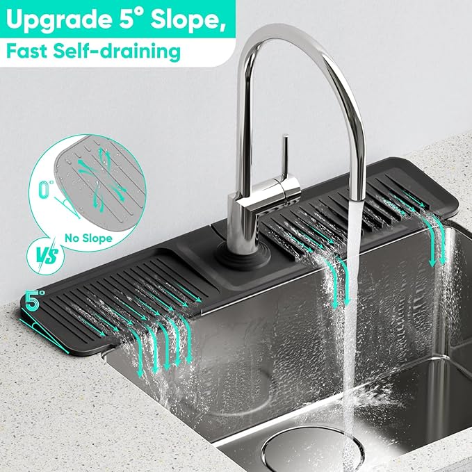 24 Inch Longer Faucet Mat for Kitchen Sink, 5° Slope Fast Self-draining - Image 3