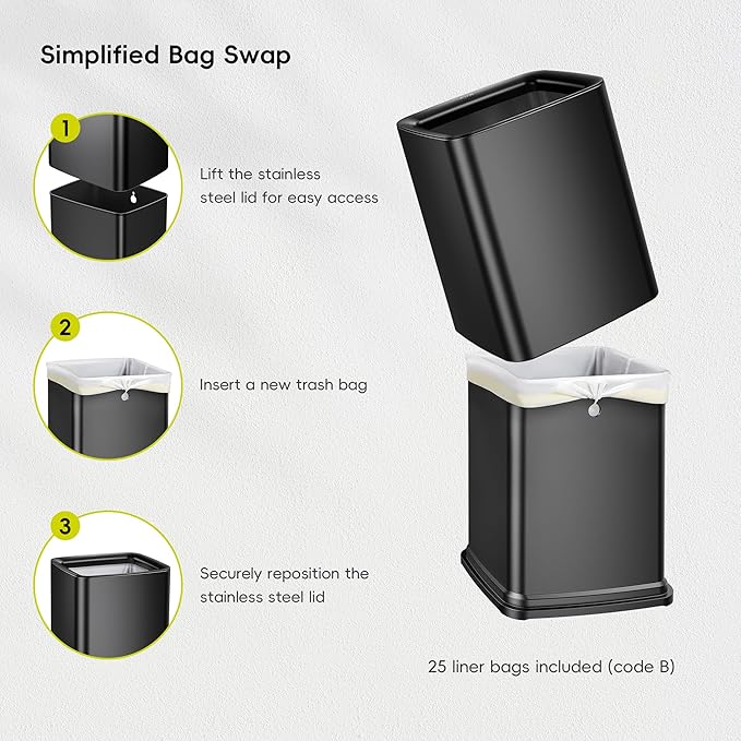 EKO Laguna 2.6 Gallon/10L Matte Black Stainless Steel Open Top Trash Can - Image 5