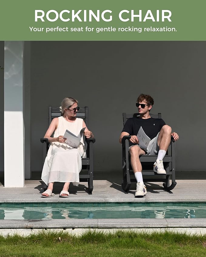 Oversized Outdoor Rocking Chair, High Back Porch Rocker Chair, HDPE All Weather Resistant Rocking Chairs for Patio, 380lbs Weight Capacity, Black - Image 7
