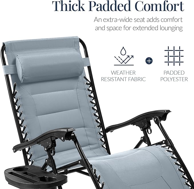 Best Choice Products Oversized Padded Zero Gravity Chair, Folding Outdoor Patio Recliner, XL Anti Gravity Lounger for Backyard w/Headrest, Cup Holder, Side Tray, Polyester Mesh - Breeze Blue - Image 4