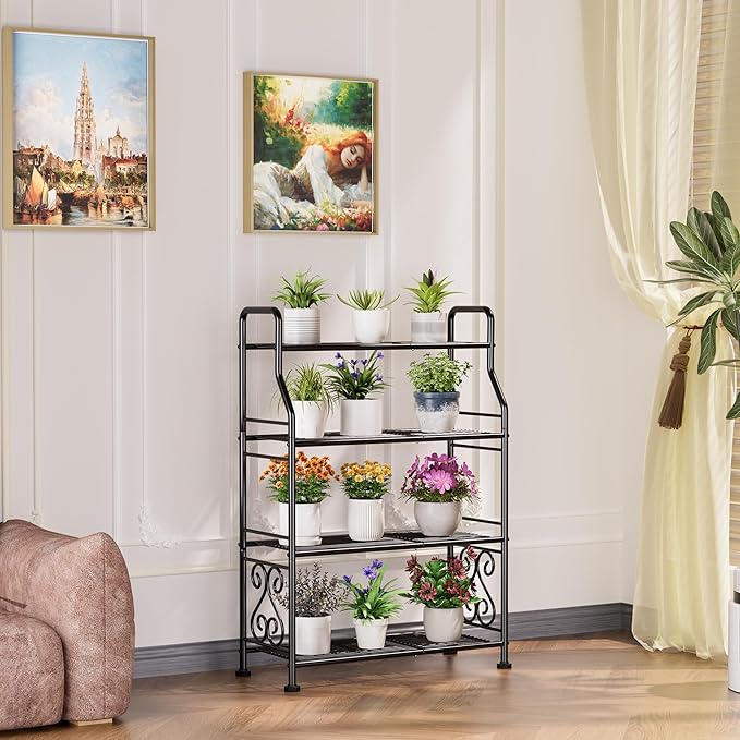 GIOTORENT Plant Stand Outdoor Indoor 4 Tier Metal Waterproof - 41.3" Plant Shelf for Patio, Balcony, Living Room, Large Capacity Tiered Plant Rack, Black - Image 4