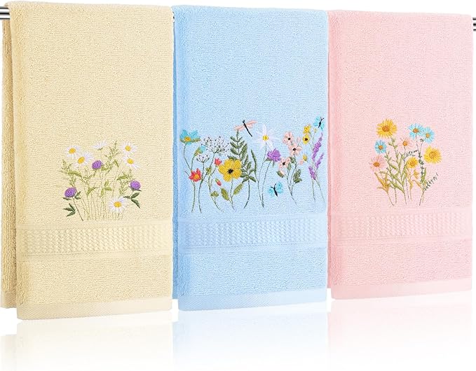 Wildflower Hand Towels Farmhouse Pink Blue Yellow Wildflower Bathroom Decor by Tingjoo